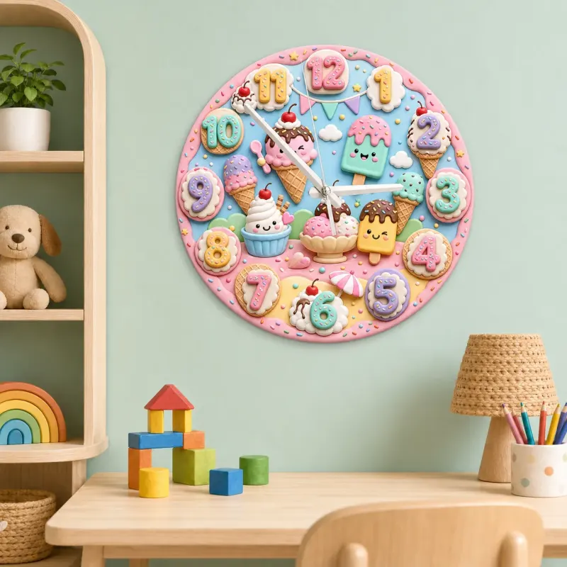 Ice Cream Sweet Treats Kids Room Wall Clock | Pastel Dessert Nursery Decor, Little Girl Birthday Gift (13.6 inch / 34.5 cm)
