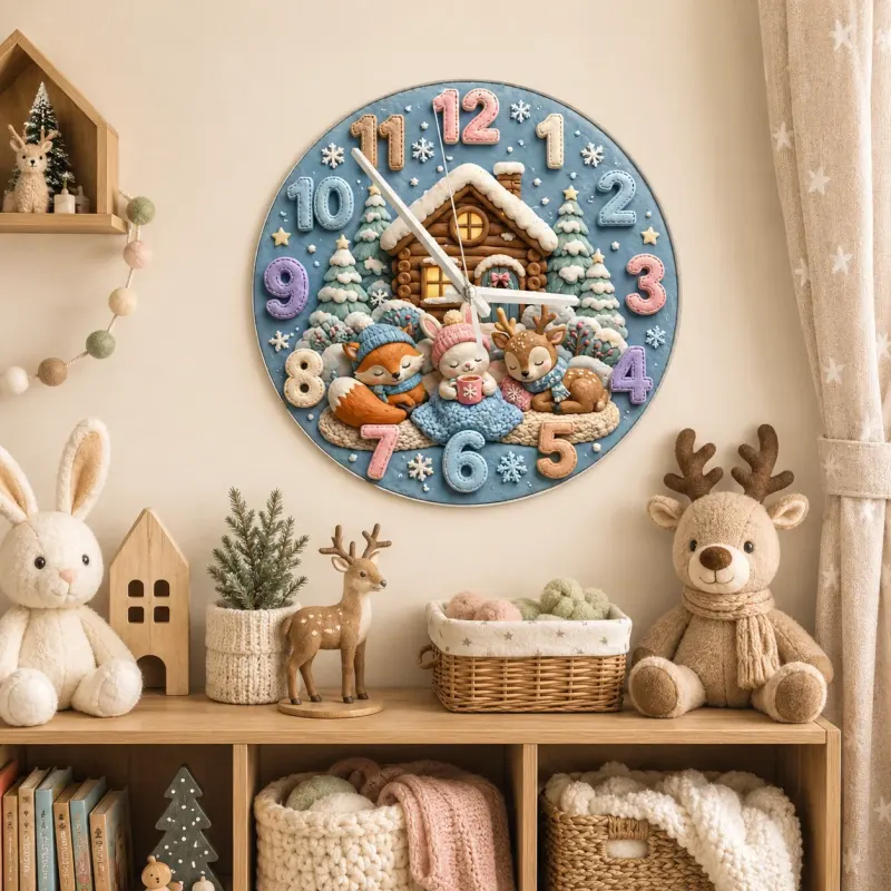 Cozy Winter Woodland Animals Kids Room Wall Clock | Snowy Cabin Nursery Decor, Baby Shower Gift For Girls And Boys (13.6 inch / 34.5 cm)
