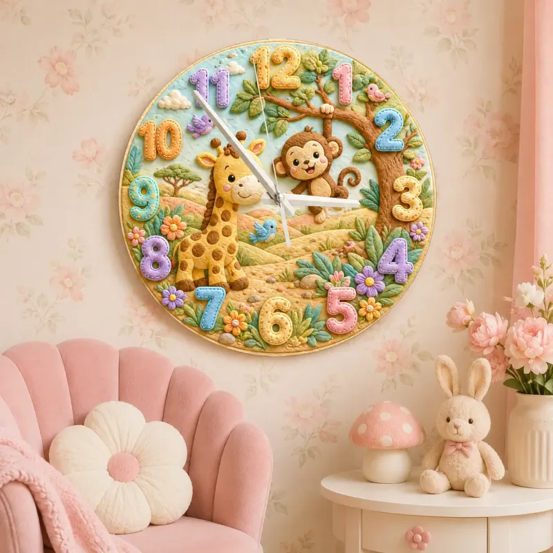 Jungle Safari Giraffe & Monkey Kids Room Wall Clock | Whimsical Animal Nursery Decor, Sweet Playroom Wall Art Gift (13.6 inch / 34.5 cm)