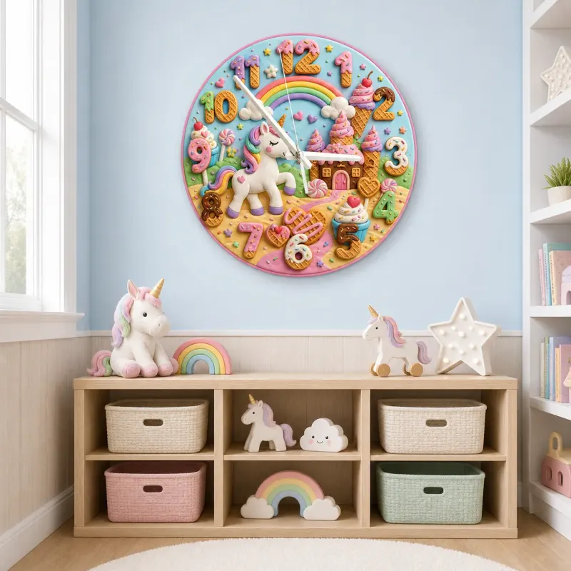 Unicorn Candy Castle Kids Room Wall Clock | Rainbow Nursery Decor, Magical Little Girl Birthday Gift (13.6 inch / 34.5 cm)