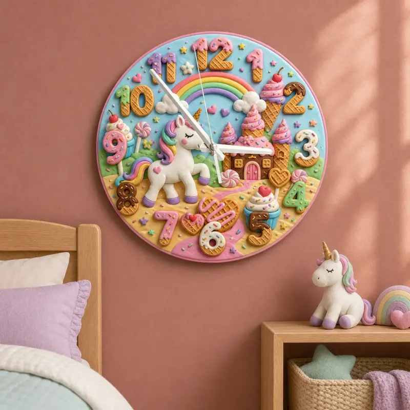 Unicorn Candy Castle Kids Room Wall Clock | Rainbow Nursery Decor, Magical Little Girl Birthday Gift (13.6 inch / 34.5 cm)