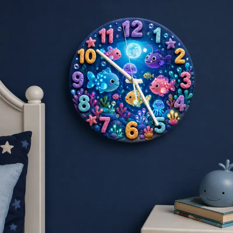 Magical Under The Sea Kids Room Wall Clock | Ocean Fish Nursery Decor, Baby Boy Girl Bedroom Birthday Keepsake Gift (13.6 inch / 34.5 cm)