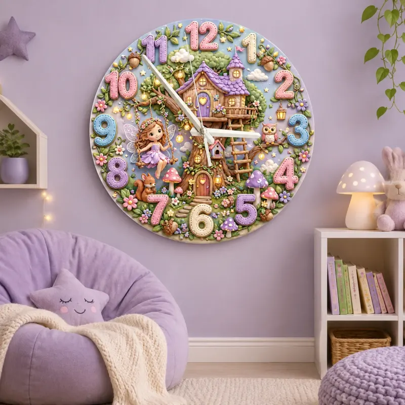 Enchanted Fairy Treehouse Kids Room Wall Clock | Magical Woodland Nursery Decor, Little Girl Birthday Keepsake Gift (13.6 inch / 34.5 cm)