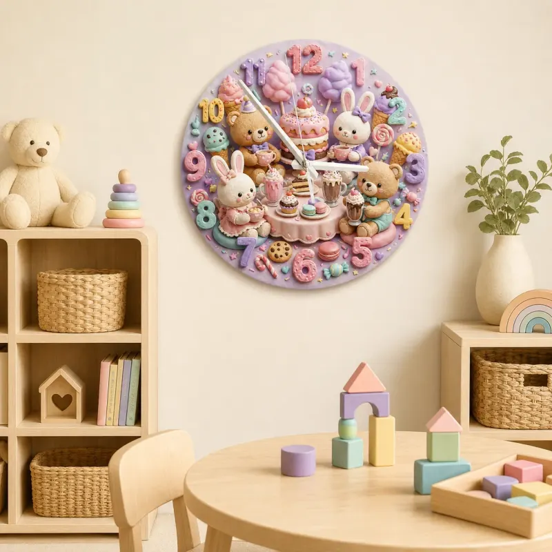 Pastel Teddy Bear & Bunny Sweet Treats Tea Party Kids Room Wall Clock | Kawaii Nursery Decor, Little Girls Room Gift (13.6 inch / 34.5 cm)