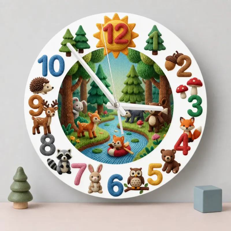 Knitted Style Woodland Forest Animals Kids Room Wall Clock | Cozy Nursery Decor, Memorable Baby Shower Gift Keepsake (13.6 inch / 34.5 cm)