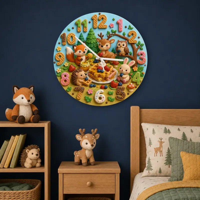 Woodland Waffle Picnic Kids Room Wall Clock | Forest Animal Nursery Decor, Baby Shower Birthday Gift (13.6 inch / 34.5 cm)