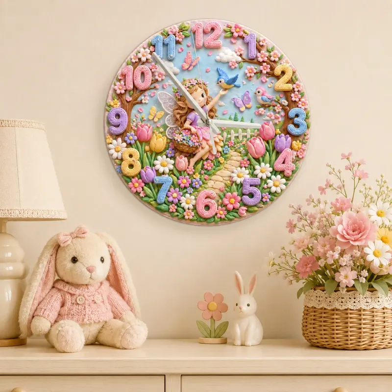 Whimsical Fairy Garden Kids Room Wall Clock | Pastel Floral Nursery Decor, Magical Little Girls Bedroom Decor Gift (13.6 inch / 34.5 cm)