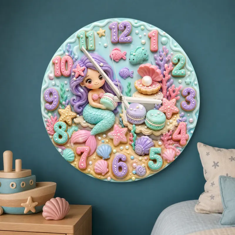 Mermaid Seashell Kids Room Wall Clock | Pastel Ocean Nursery Decor, Magical Baby Girl Birthday Gift (13.6 inch / 34.5 cm)