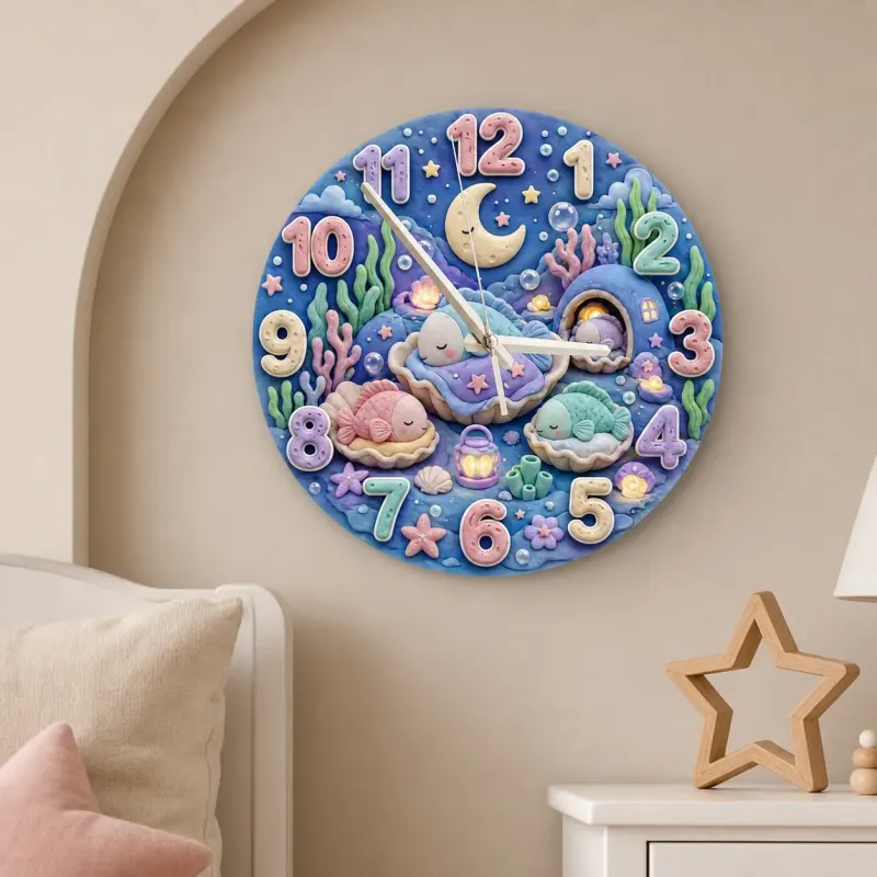 Sleeping Pastel Fish Kids Room Wall Clock | Dreamy Underwater Nursery Decor, Baby Girl Shower Gift & Room Makeover (13.6 inch / 34.5 cm)