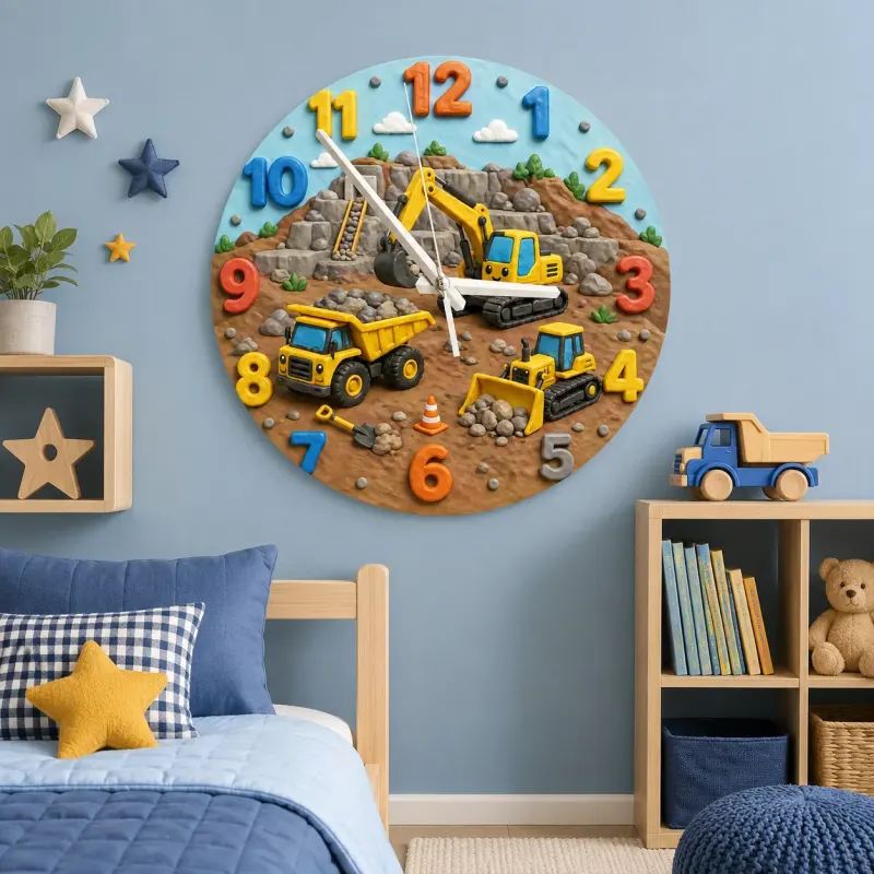Construction Trucks Kids Room Wall Clock | Yellow Excavator Nursery Decor, Little Boy Bedroom Playroom Gift Keepsake (13.6 inch / 34.5 cm)