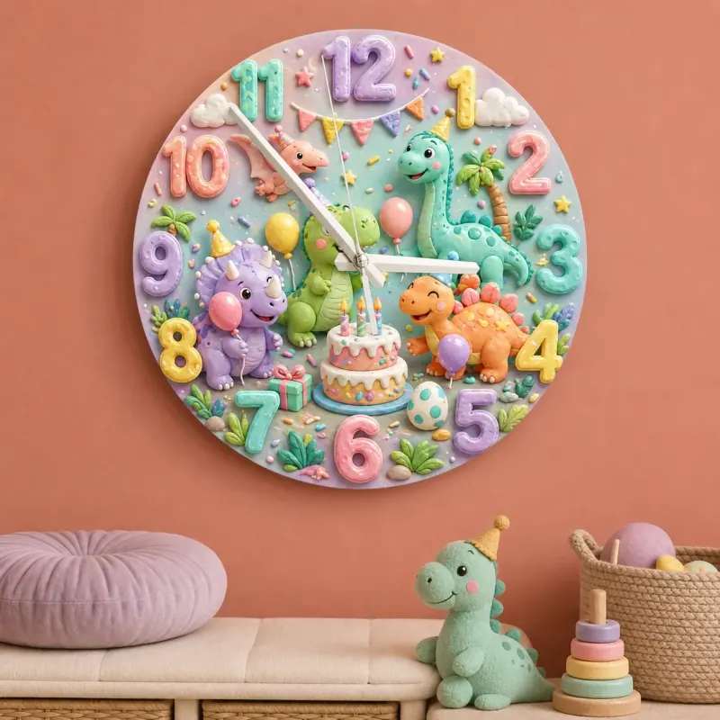 Pastel Dinosaur Birthday Party Kids Room Wall Clock