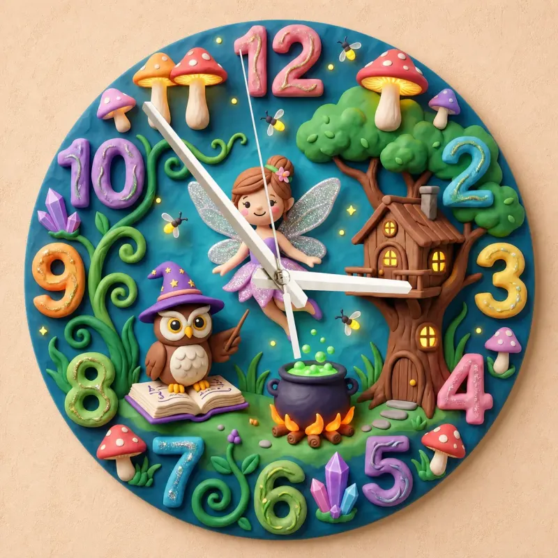 Enchanted Fairy & Wizard Owl Kids Room Wall Clock | Magical Forest Nursery Decor, Whimsical Baby Girl Bedroom Gift (13.6 inch / 34.5 cm)