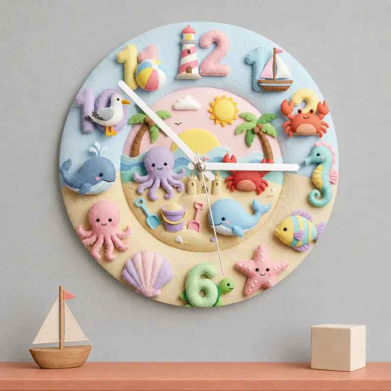 Pastel Ocean Animals Kids Room Wall Clock | Under The Sea Nursery Decor, Beach Theme Baby Shower Gift For Boy Girl (13.6 inch / 34.5 cm)