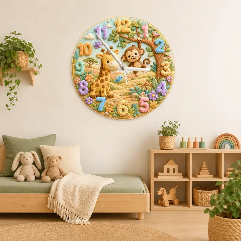 Jungle Safari Giraffe & Monkey Kids Room Wall Clock | Whimsical Animal Nursery Decor, Sweet Playroom Wall Art Gift (13.6 inch / 34.5 cm)