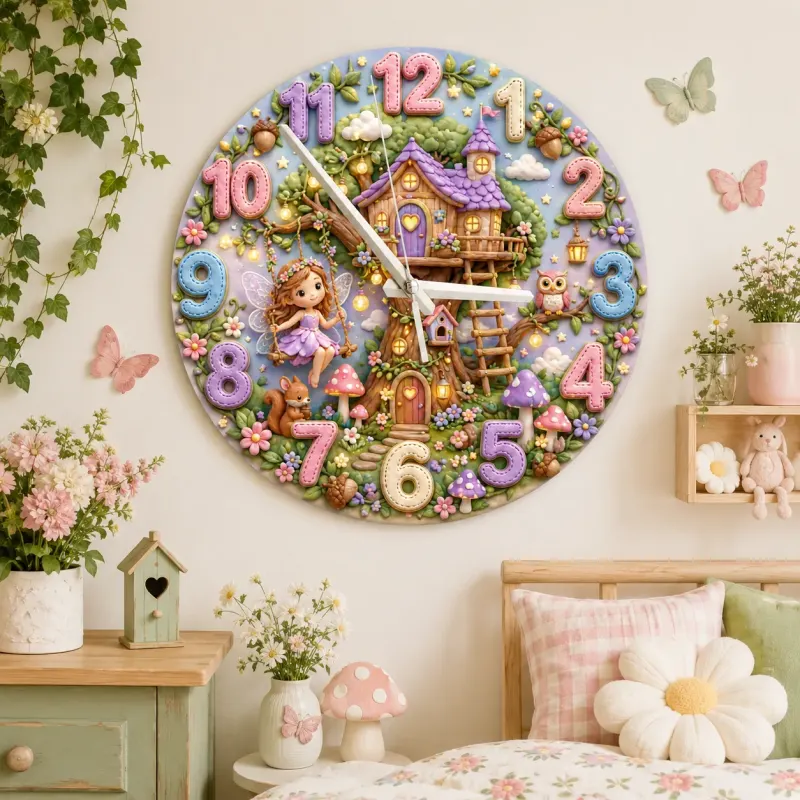 Enchanted Fairy Treehouse Kids Room Wall Clock | Magical Woodland Nursery Decor, Little Girl Birthday Keepsake Gift (13.6 inch / 34.5 cm)