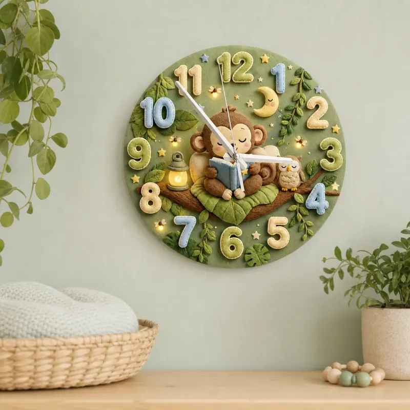 Cute Bedtime Reading Monkey Kids Room Wall Clock | Safari Jungle Nursery Decor, Baby Shower Gift For Boys & Girls (13.6 inch / 34.5 cm)