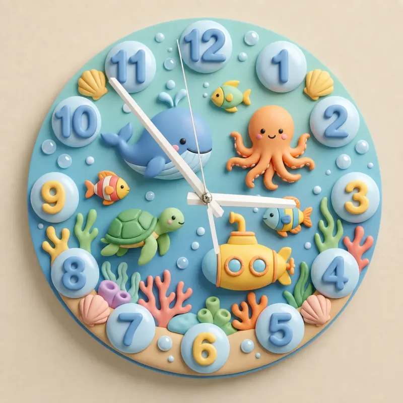 Cute Under The Sea Ocean Animals Kids Room Wall Clock | Marine Life Nursery Decor, Baby Boy Room Birthday Present (13.6 inch / 34.5 cm)