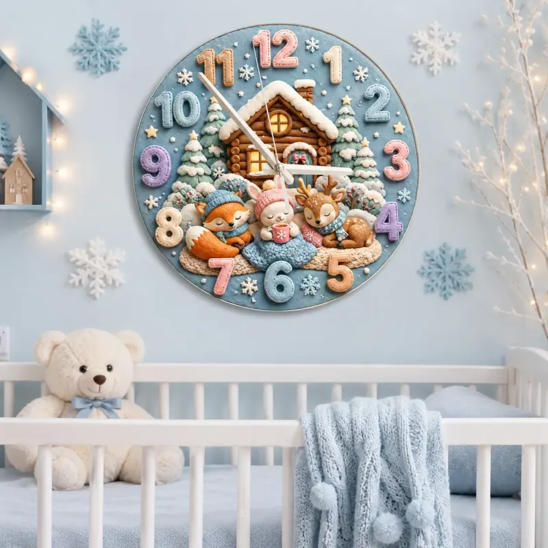 Cozy Winter Woodland Animals Kids Room Wall Clock | Snowy Cabin Nursery Decor, Baby Shower Gift For Girls And Boys (13.6 inch / 34.5 cm)