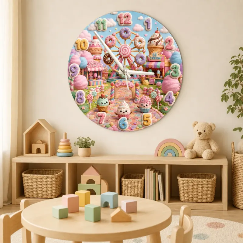 Pastel Candyland Theme Kids Room Wall Clock | Kawaii Sweet Treats Nursery Wall Decor, Cute Little Girl Bedroom Gift (13.6 inch / 34.5 cm)
