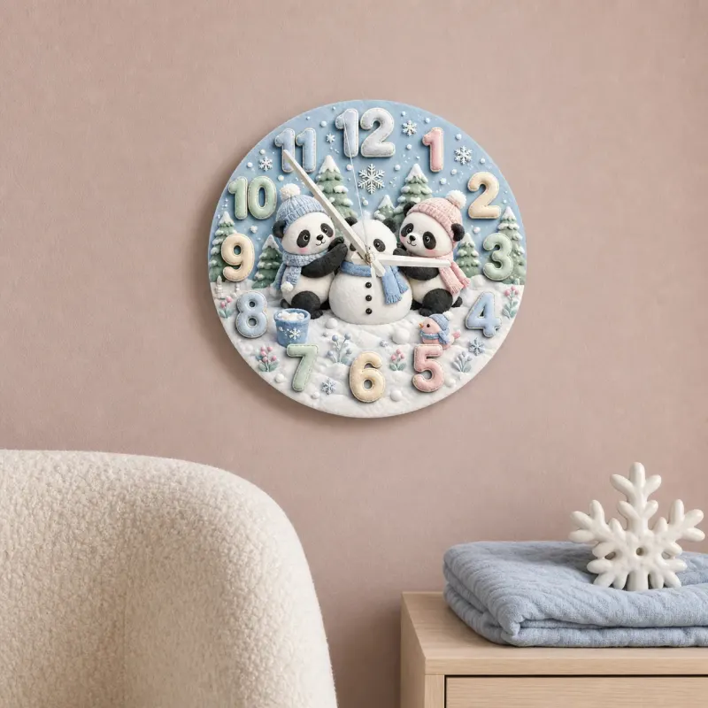 Winter Pandas Building Snowman Kids Room Wall Clock | Pastel Nursery Art, Unique Baby Shower Gift For Boys & Girls (13.6 inch / 34.5 cm)