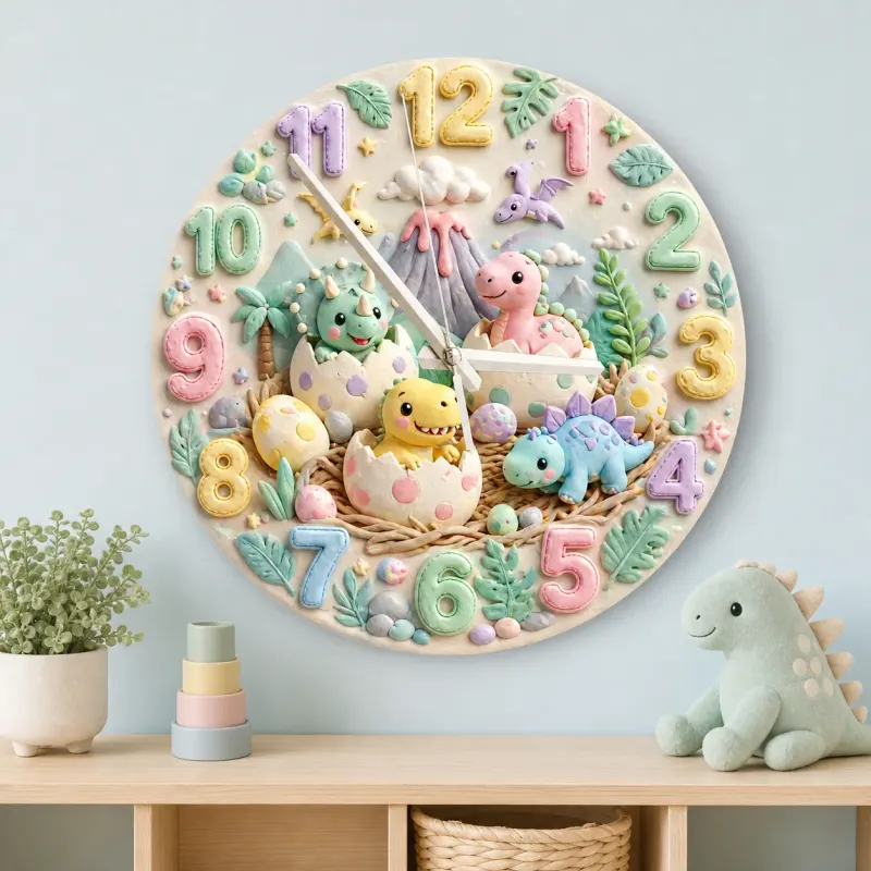 Pastel Baby Dinosaur Kids Room Wall Clock