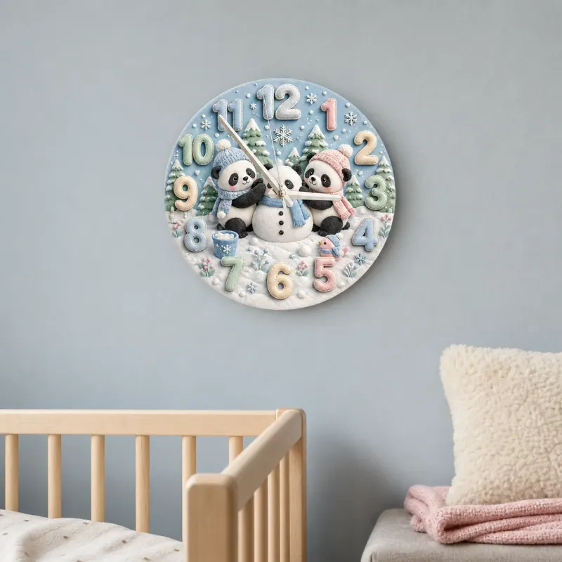 Winter Pandas Building Snowman Kids Room Wall Clock | Pastel Nursery Art, Unique Baby Shower Gift For Boys & Girls (13.6 inch / 34.5 cm)