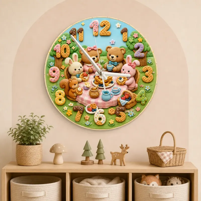Woodland Tea Party Kids Room Wall Clock | Bunny Bear Nursery Decor, Sweet Baby Shower Birthday Gift (13.6 inch / 34.5 cm)