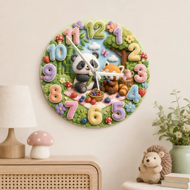 Woodland Panda & Red Panda Picnic Kids Room Wall Clock | Cute Forest Animal Nursery Decor, Baby Shower Gift Keepsake (13.6 inch / 34.5 cm)