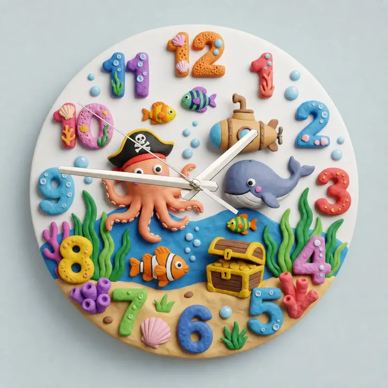 Pirate Octopus Under The Sea Kids Room Wall Clock | Ocean Theme Nursery Decor, Baby Boy Bedroom Birthday Keepsake (13.6 inch / 34.5 cm)