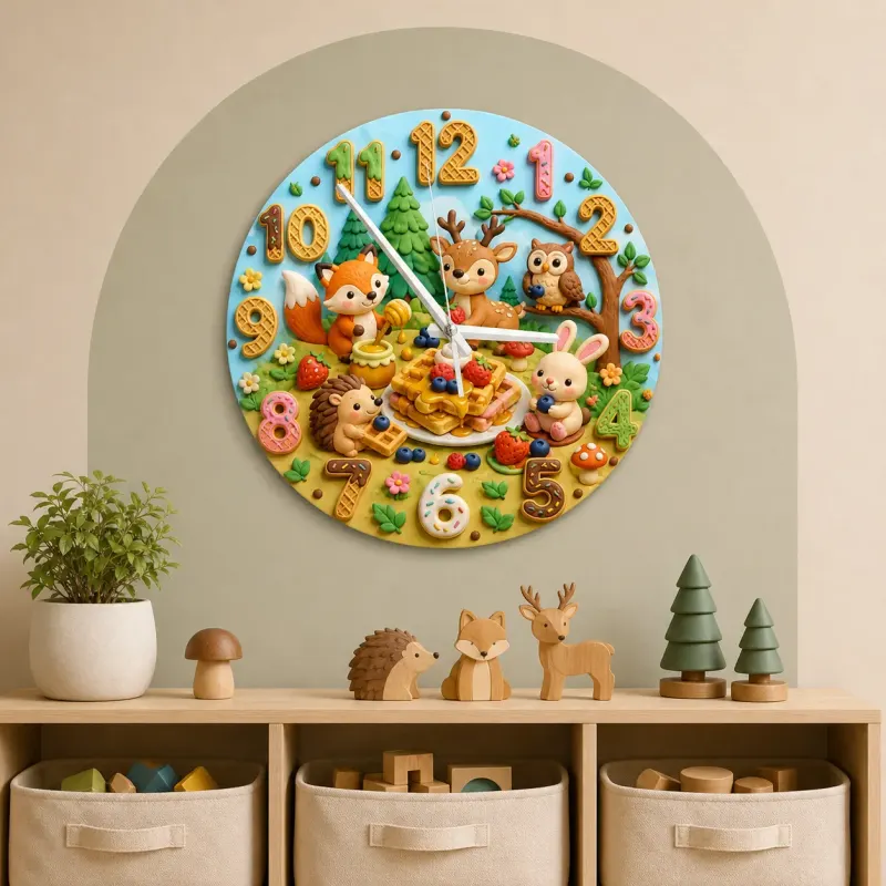 Woodland Waffle Picnic Kids Room Wall Clock | Forest Animal Nursery Decor, Baby Shower Birthday Gift (13.6 inch / 34.5 cm)