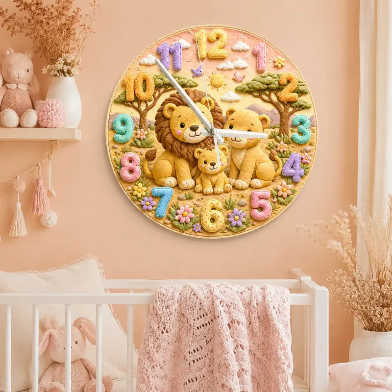 Pastel Safari Lion Family Kids Room Wall Clock | Cute Jungle Animal Nursery Decor, Perfect Baby Shower Gift Keepsake (13.6 inch / 34.5 cm)