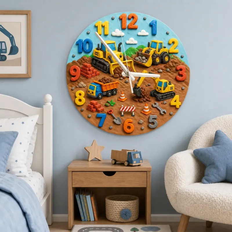 Construction Vehicles Kids Room Wall Clock | Playful Boys Bedroom Nursery Decor, Little Builder Birthday Gift Idea (13.6 inch / 34.5 cm)