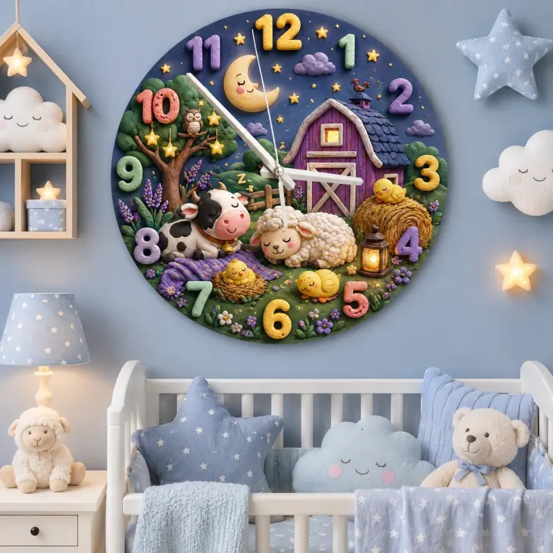 Sleeping Farm Animals Kids Room Wall Clock | Nighttime Nursery Decor, Sweet Dreams Baby Shower Gift For Boys Girls (13.6 inch / 34.5 cm)