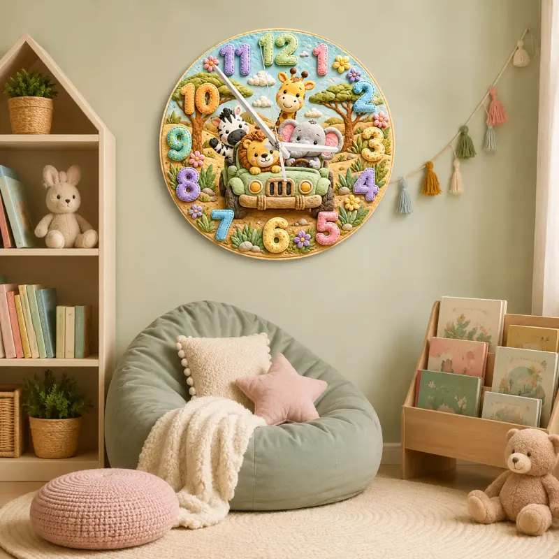 Safari Animal Jeep Kids Room Wall Clock | Jungle Nursery Decor, Safari Playroom Art, Baby Boy Shower Gift Keepsake (13.6 inch / 34.5 cm)