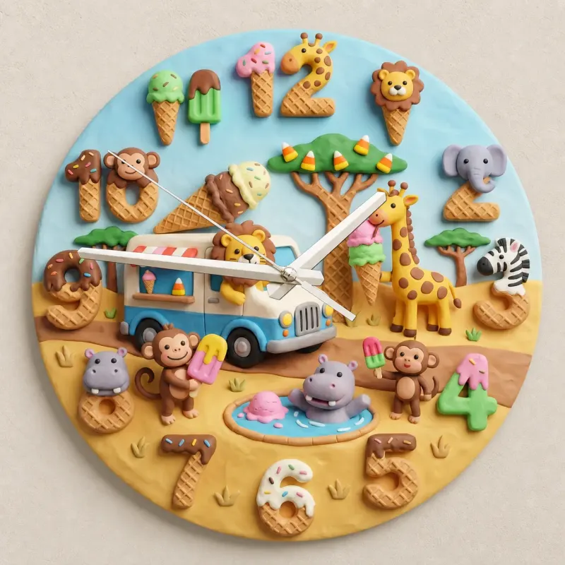 Safari Ice Cream Truck Kids Room Wall Clock | Sweet Jungle Animal Nursery Decor, Toddler Playroom Birthday Gift Art (13.6 inch / 34.5 cm)