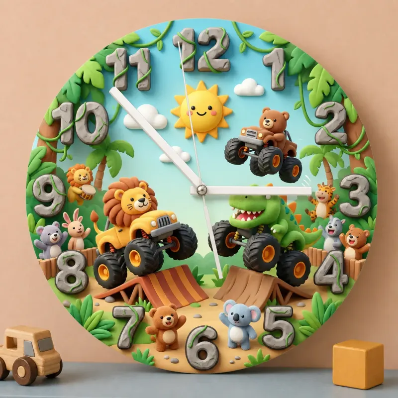 Safari Animal Monster Truck Kids Room Wall Clock | Dinosaur Boy Nursery Decor, Fun Toddler Playroom Birthday Gift Idea (13.6 inch / 34.5 cm)