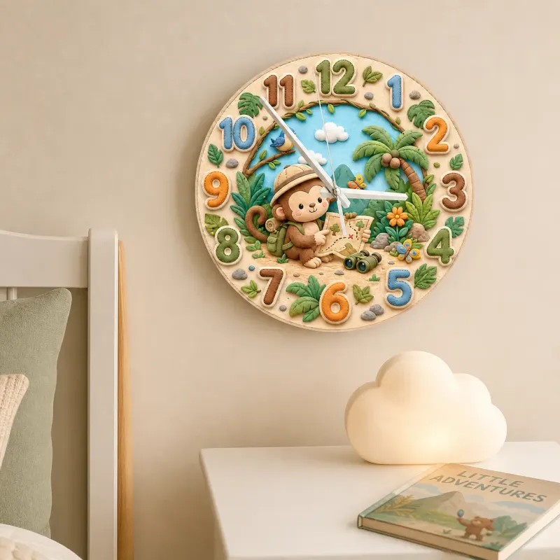 Safari Monkey Explorer Kids Room Wall Clock | Jungle Adventure Nursery Decor, Baby Shower Gift, Little Boy Keepsake (13.6 inch / 34.5 cm)