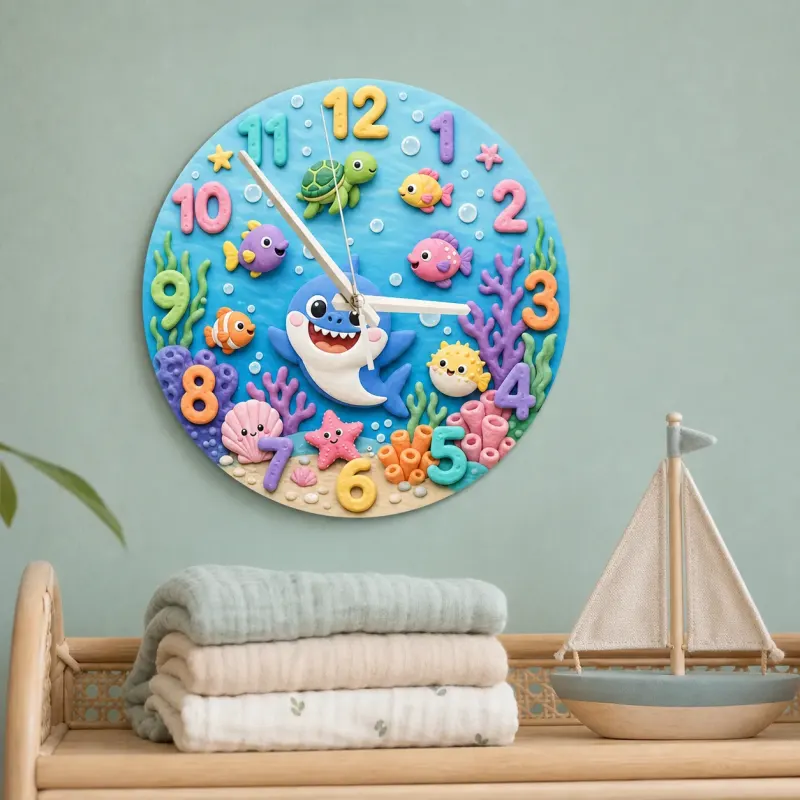 Ocean Shark Sea Creatures Kids Room Wall Clock | Underwater Nursery Decor, Baby Boy And Girl Birthday Gift Keepsake (13.6 inch / 34.5 cm)