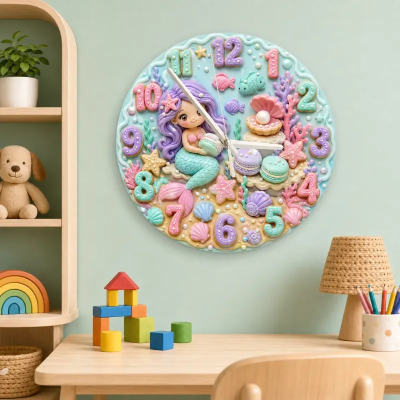 Mermaid Seashell Kids Room Wall Clock | Pastel Ocean Nursery Decor, Magical Baby Girl Birthday Gift (13.6 inch / 34.5 cm)