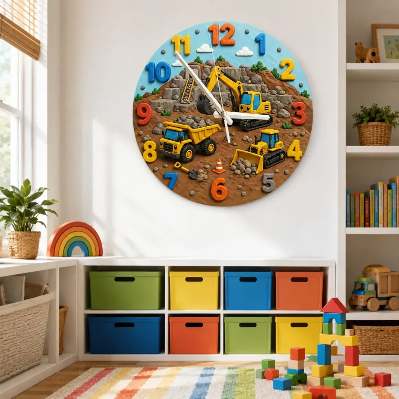 Construction Trucks Kids Room Wall Clock | Yellow Excavator Nursery Decor, Little Boy Bedroom Playroom Gift Keepsake (13.6 inch / 34.5 cm)