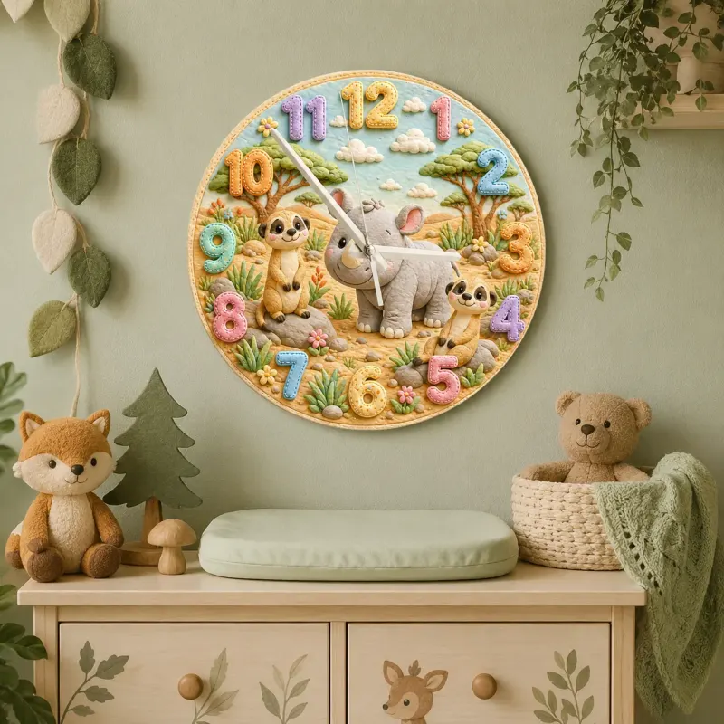Cute Safari Rhino & Meerkat Kids Room Wall Clock | Wild Animal Nursery Decor, Baby Shower Birthday Keepsake Present (13.6 inch / 34.5 cm)