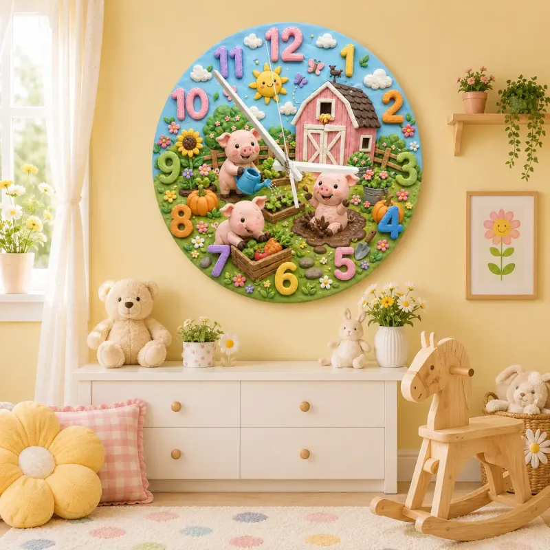 Playful Farm Pigs Kids Room Wall Clock | Barnyard Animal Nursery Decor, Baby Shower Or Birthday Gift For Boy Or Girl (13.6 inch / 34.5 cm)