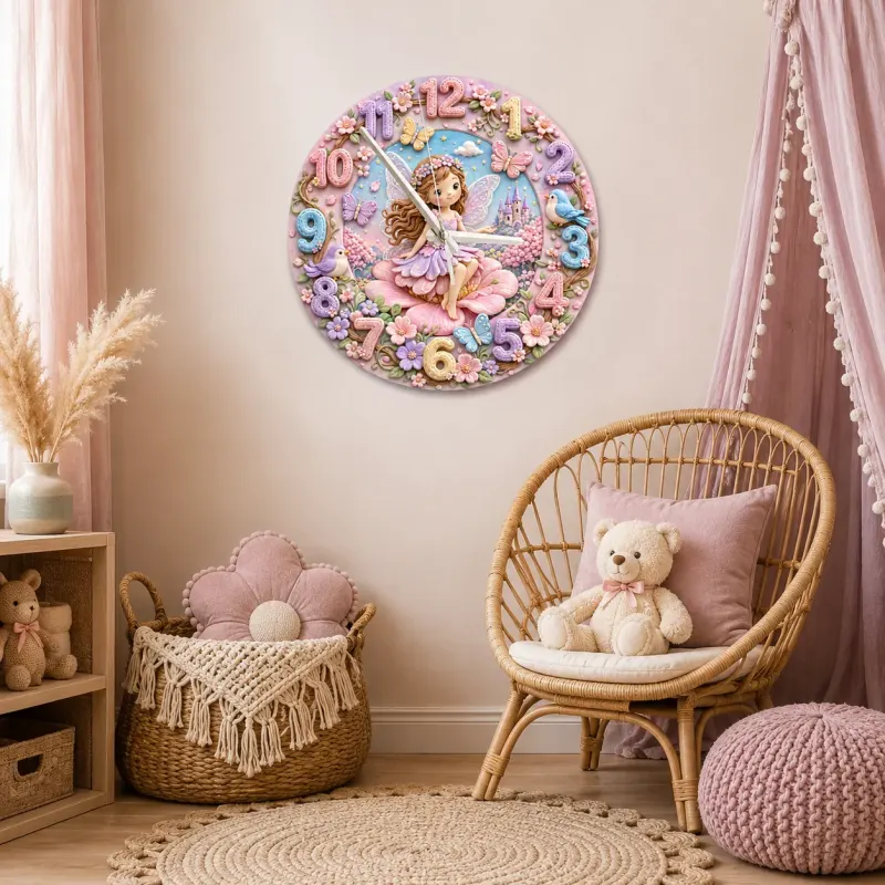 Magical Fairy Princess Kids Room Wall Clock | Enchanted Castle Floral Nursery Decor, Sweet Baby Girl Room Keepsake (13.6 inch / 34.5 cm)
