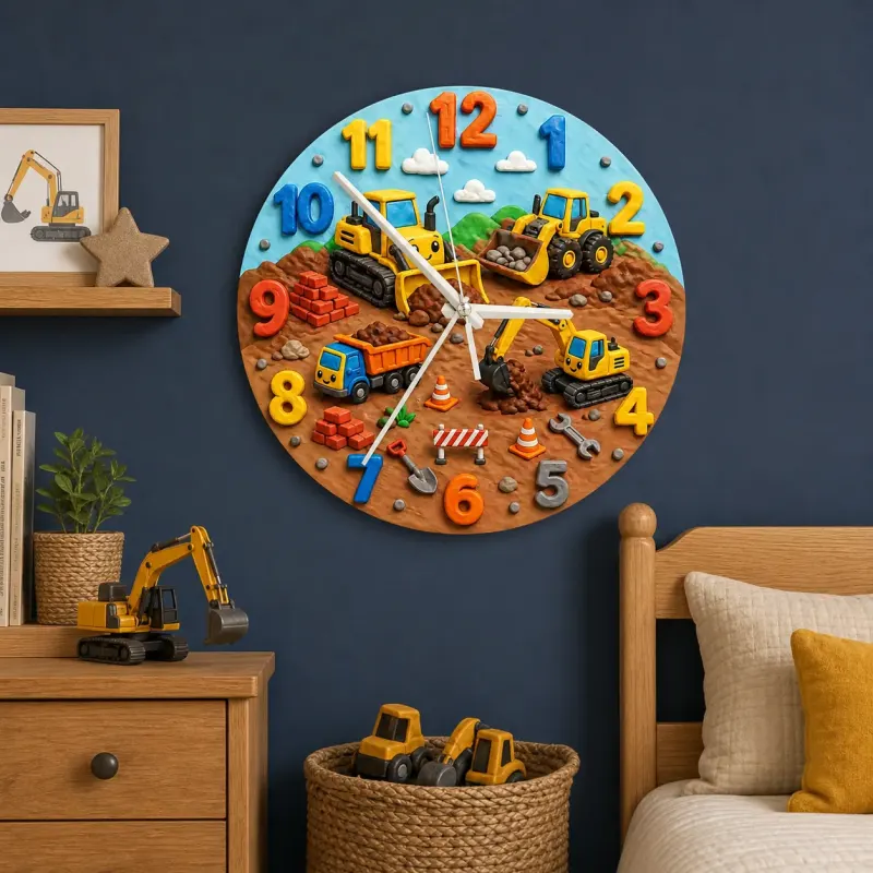 Construction Vehicles Kids Room Wall Clock | Playful Boys Bedroom Nursery Decor, Little Builder Birthday Gift Idea (13.6 inch / 34.5 cm)