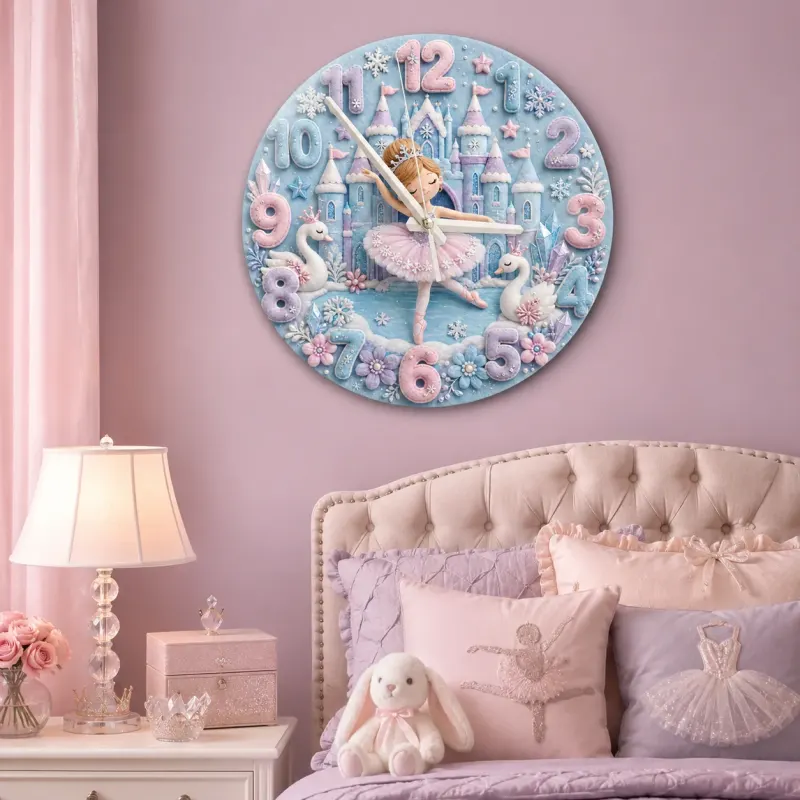 Winter Princess Ballerina Kids Room Wall Clock | Fairy Tale Castle Nursery Decor, Swan Theme Gift For Little Girls (13.6 inch / 34.5 cm)