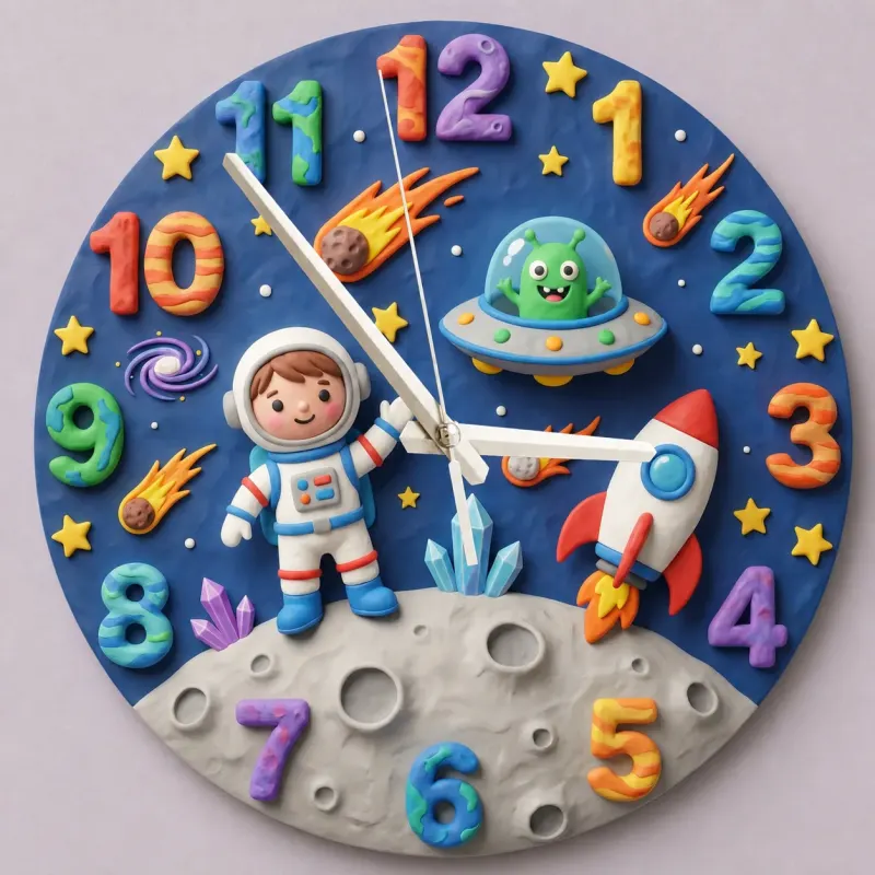 Astronaut and Alien Outer Space Kids Room Wall Clock | Galaxy Nursery Decor, Little Boys Bedroom Birthday Keepsake (13.6 inch / 34.5 cm)