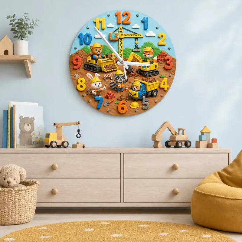 Construction Animals Kids Room Wall Clock | Little Builder Nursery Decor, Baby Boy Bedroom Makeover Birthday Gift (13.6 inch / 34.5 cm)