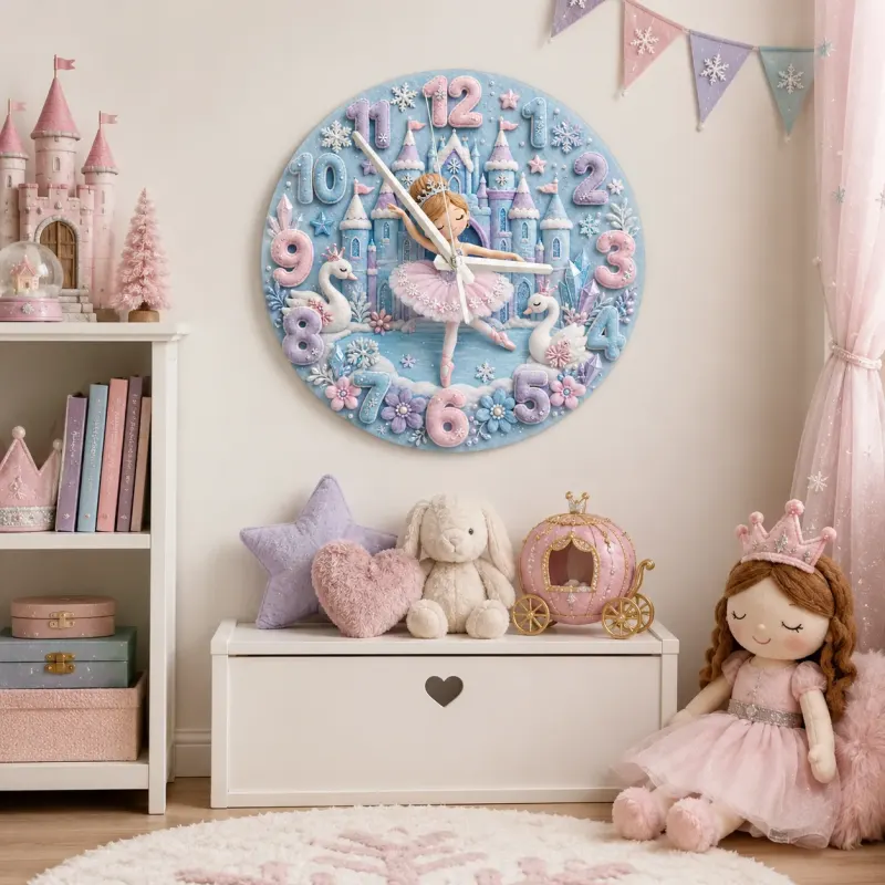 Winter Princess Ballerina Kids Room Wall Clock | Fairy Tale Castle Nursery Decor, Swan Theme Gift For Little Girls (13.6 inch / 34.5 cm)
