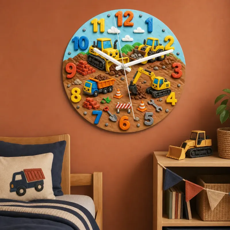 Construction Vehicles Kids Room Wall Clock | Playful Boys Bedroom Nursery Decor, Little Builder Birthday Gift Idea (13.6 inch / 34.5 cm)