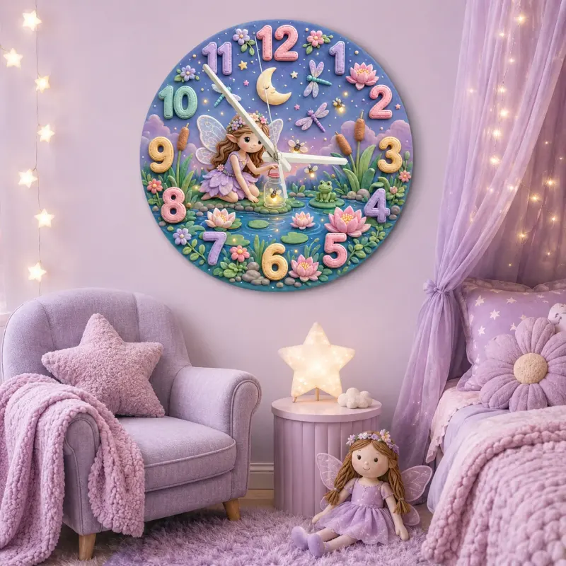 Magical Fairy Pond Kids Room Wall Clock | Enchanted Forest Nursery Decor, Whimsical Baby Girl Room Birthday Keepsake (13.6 inch / 34.5 cm)